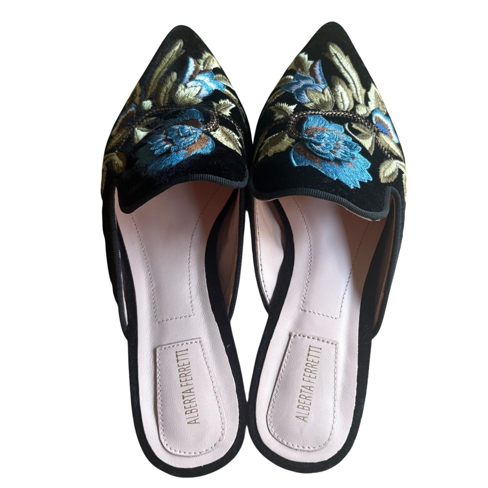 Alberta Ferretti Black Velvet Floral Embroidered Pointed Toe Mules Size 7